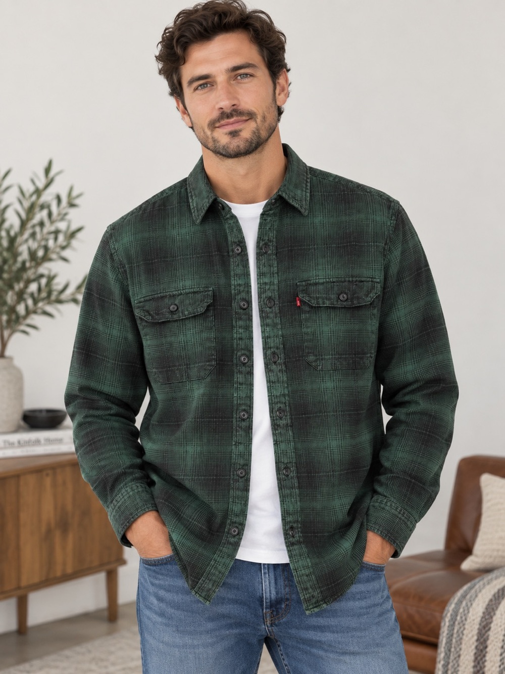 Levi’s Men’s Classic Worker Green Plaid Flannel Overshirt Shirt M